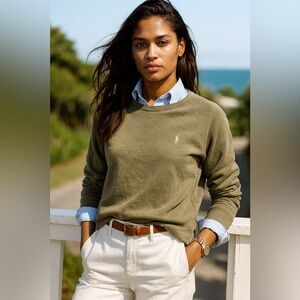 Ralph Lauren Olive Khaki Green Crew Neck Cotton Fleece Sweater Large